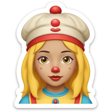 yellow kazakh girl wears a cap with a clown emodji on it sticker