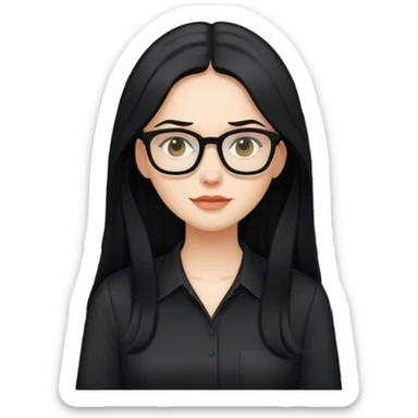 pale woman with long black hair, wearing glasses and black shirt in an office sticker