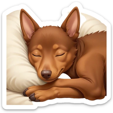 Meme-Worthy Cute Sleeping Brown and Tan Kelpie Portrait Emoji, Head resting peacefully with a contented smile, showcasing a delightfully agile build and a luxuriously soft brown and tan Fur, eyes shut in a serene nap, Simplified yet hilariously adorable features, highly detailed, glowing with a soft, drowsy light, high shine, relaxed and utterly lovable, stylized with an air of playful laziness, bright and heartwarming, soft glowing outline, capturing the essence of a comically sleepy herder, so meme-worthy it feels like it could instantly become the next viral sensation of adorable slumber! sticker