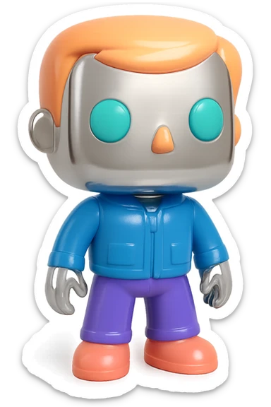Add vibrant, bold, and playful colors to the eyes, hair, and clothes of each Funko Pop figure, while keeping their skin and overall finish chrome and shiny. The chrome effect should remain visible and prominent, with the new colors vivid and cheerful. sticker