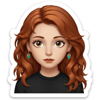 Girl with long, wavy, chestnut-colored hair with copper highlights. She has fair skin and natural eyebrows. The girl has expressive eyes, emphasized by makeup with eyeliner. She also has a nose and lip piercing (labret). The girl is wearing a black sweater. sticker