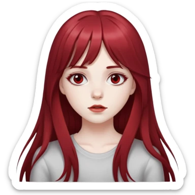 pale girl with deep red and long hair, having a long middle bang on her face, her eyes are greyish in colour sticker