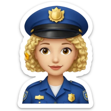 A light-skinned woman with short curly blonde hair, wearing a navy police hat with a badge, and a calm smile. sticker