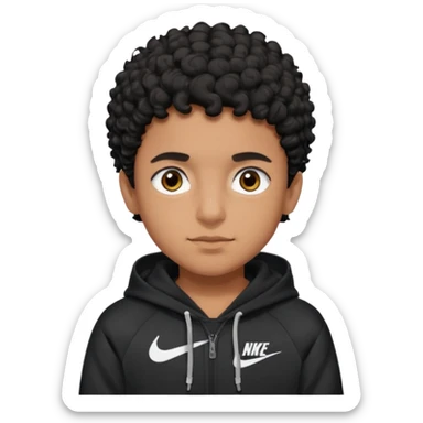 Pakistani brown skinned boy with black curly short hair and brown eyes. Black nike hoodie sticker