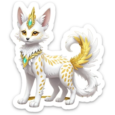 Epic complex fantasy glorious detailed futuristic divine godly angelic feathery sunny, white, albino, pastel, golden, orange glowing sparkly, realistic Fakémon-Sprigatito-Floragato-Meowscarada-Trico-Sergal-Serval-Solgaleo-Vernid-creature (full body) solarpunk, shiny sparkly with a gold laurel sticker