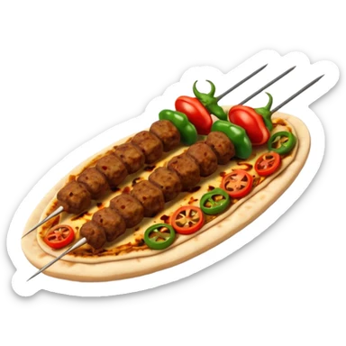 Adana kebab object icon, spicy grilled minced meat skewer, served on flatbread, grilled tomatoes and green peppers on the side, smoky char marks, juicy texture, 3D cartoon, mobile game icon style, centered, clean background, no text, no watermark
 sticker