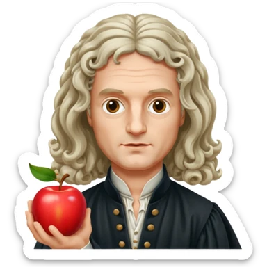 Isaac Newton wearing 17th-century aristocratic attire with long curled periwig, hold an apple sticker
