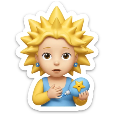 A 3D cartoon close-up of Maggie Simpson, baby from The Simpsons, rendered in Memoji-style with smooth yellow skin, spiky star-shaped hair, blue pacifier, and simple shading. Bright studio lighting, cinematic close-up framing consistent with Bart, Marge, Homer, and Lisa. sticker