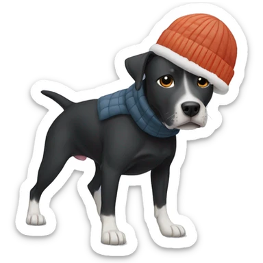 black pitbull lab mix in winter wearing a puffer coat and beanie sticker
