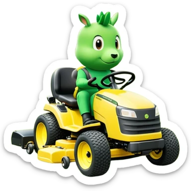 Lawn mowing mascot named grassy gus a green guy (not a human) on a completely yellow zero-turn ride on mower sticker
