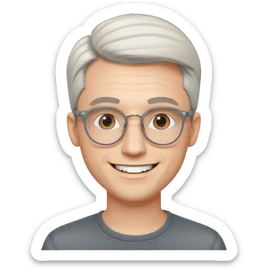 30 yr old pale white man, white/grey side swept stylish hair, round glasses, big smile, white teeth, handsome, longer hair, thin glasses,  smooth forehead, open collar, trendy sticker