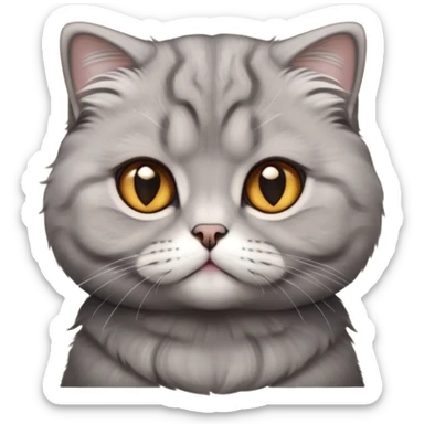 Cinematic-Fluffy-Grey-Scottish-Fold-Cat-Portrait-Emoji – Head tilted cutely with big, sparkling amber eyes, soft solid grey fur, and signature small folded ears pressed gently against its round head, simplified yet irresistibly adorable features, highly detailed, glowing with a soft and warm charm. sticker