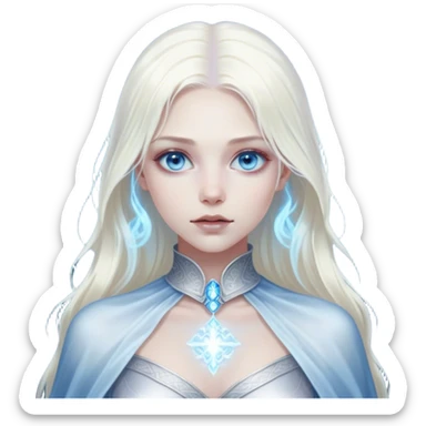 Cinematic, Ultra realistic 32k HD, Breathtaking piece of art, rim lighting, hauntingly beautiful woman with platinum blond hair and gorgeous blue eyes, art, mostly greyscale, Balanced features, highly detailed digital artwork, glowing with silver light, glowing, high shine, deviant adoptable, highly detailed clothing, remembrance, a painting of white silver, fanciful, enchanting, ghostly, embodying the essence of both reality and fantasy, dreamy, dreamy glow, optical illusion, immaculate composition, complex pose, air composition. The image is so lifelike that it feels as though it could leap off the canvas at any moment sticker