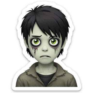 creepy boy zombie, black shaggy emo hair, medium long, dark and spooky look sticker