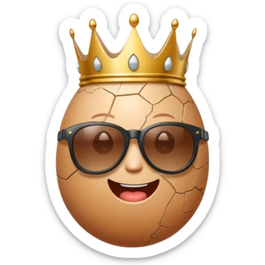 a funny, proud cartoon-style egg character wearing sunglasses and a small broken crown, solid orange background. sticker