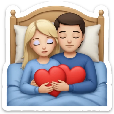 cuddling in bed, asleep. blonde girl. brunette man. eyes closed. heart between them. no headboard sticker