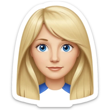 40 yr old white woman, curtain bangs, very long straight blond hair, oval face, small smile, blue eyes, thin oval face, hair down to elbows sticker
