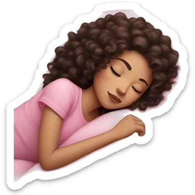 Sleeping girl on pink pillow dark curly hair pale skin sticker