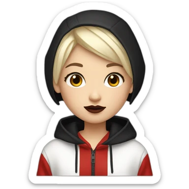 Tiny White girl lightly tanned with very short haircut black eyes and black hair wearing black messa hoodie like alyx Vance and red lipstick  sticker