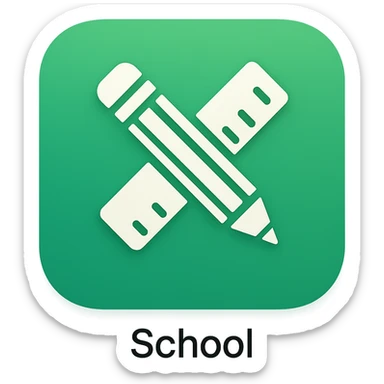 iOS app icon style for folder 'School': square with strongly rounded corners, green color gradient, symbol of a crossed pencil and ruler in the center, modern look sticker