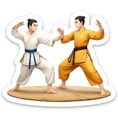 Two martial artists in traditional Wushu attire, performing elegant, fluid moves. The background shows a peaceful, scenic landscape with mountains and bamboo trees, symbolizing the balance of power and grace in Wushu.  sticker