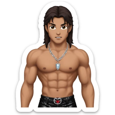 Vampire Hunter with long dark brown hair, black sequin baggy pants, shirtless with necklace sticker