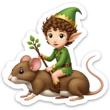 ttiny forest elf short tight curly brown hair riding mouse sticker