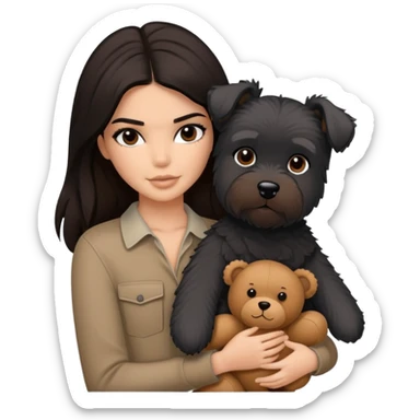 Kendall Jenner with long dark hair, holds a brown teddy bear and a black schnauzer sticker