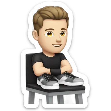 Pale skinned Fit Man With the biceps and dark brown hair in black shirt, gray sports shorts and white Sneakers Sitting on a chair sticker