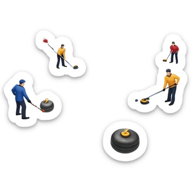 An icon showing a curling match on an indoor ice stadium, with a polished curling stone gliding toward the target and players sweeping. Spectators watch from stands, and flags hang above the rink. Transparent background highlights strategy and focus in the sport of curling. sticker