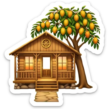 Warm wooden cabin with front porch under a mango tree branch, sunset sky in the background. Cozy, peaceful, emoji-style with soft edges and golden tones. sticker