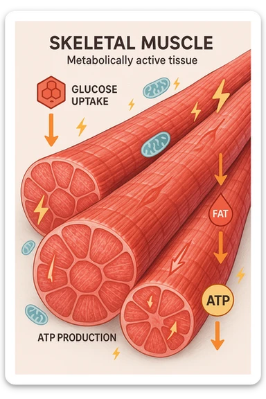 a highly detailed cross-section of human skeletal muscle fibers, shown in vibrant red and pink tones, with visible striations and realistic texture. Glowing arrows and animated icons represent active metabolic processes—such as glucose uptake, fat oxidation, and ATP production—occurring within the muscle tissue. Surrounding the muscle, floating symbols for mitochondria and energy highlight its metabolic activity. The background is clean and clinical, with subtle labels and infographics explaining that muscle is a metabolically active tissue. The overall style is modern, scientific, and visually engaging, suitable for educational or medical use. in italiano sticker