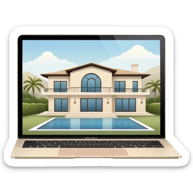 
light beige open macbook sideways with luxury villa on screensaver sticker