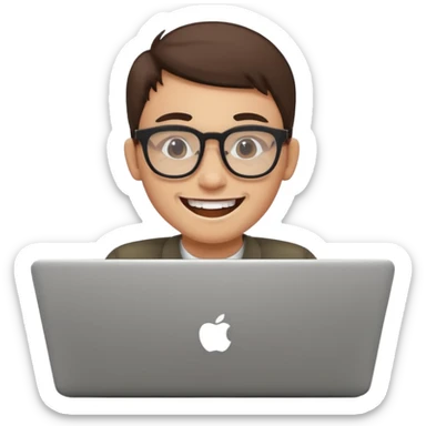 smiling coder with big glasses and buck teeth, working on a laptop, simple, clear sticker