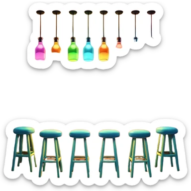 A 3D cartoon bar interior with a counter, glowing shelves of colorful bottles, tall stools, and hanging lights, warm ambient lighting, realistic reflections, Memoji-style. sticker