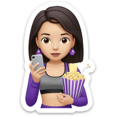Brunette light skin Girl with black sports bra and grey sweats on her phone and eating popcorn from a purple popcorn bag sticker