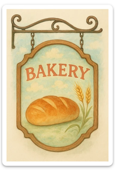 a ghibli-inspired bakery sign with a loaf of bread and wheat, gentle colors, dreamy look sticker