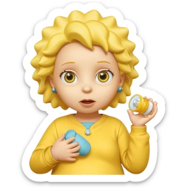 A 3D cartoon baby character yellow, yellow skin, styled like Maggie Simpson, with pacifier, yellow onesie, big eyes, smooth shading, Memoji-style rendering, consistent with other yellow Simpsons characters. sticker