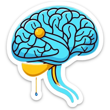 Cute sticker of a pearly blue capsule floating before a stylized brain with golden sparks forming a neural network pattern. A small liver icon glows nearby, all within a gentle swirling aura representing mental clarity and body connection sticker