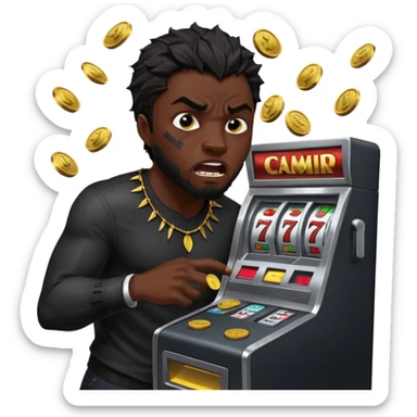 disheveled Black Panther losing money at a slot machine, panicked face, coins flying sticker