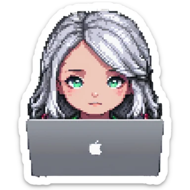 close-up of a girl's face peeking over a MacBook, pixel art style sticker