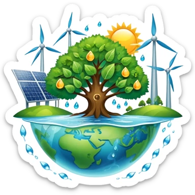An icon featuring a green Earth, a tree, recycling symbols, and renewable energy sources like wind turbines, solar panels, and hydropower. The design includes animals, water droplets, and the sun, representing ecology, sustainable energy, and environmental protection. Transparent background. sticker