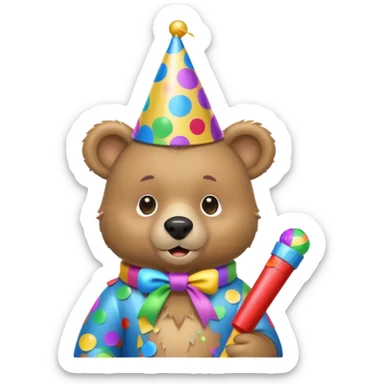 Partying bear cub with confetti and party blower sticker