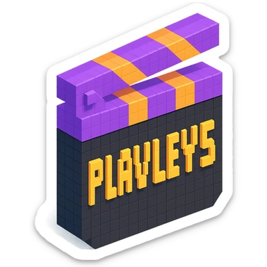 voxel style movie clapperboard with the text 'PLAVLEYS', purple lid, black body, isometric view sticker