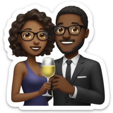 An African couple, a black woman with long dark blonde hair and brown eyes, and a black man with a medium fade haircut. The man wears glasses, toast to each other with a glass of white wine. sticker