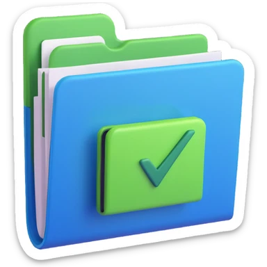 3D style illustration of a blue folder with a green checkmark V icon in relief sticker