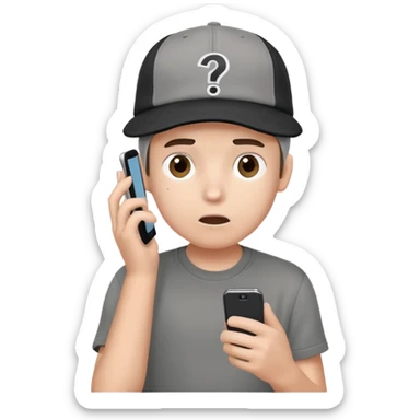 A boy with a gray shirt and a black and white cap on his head very confused holding a phone with question marks on top of his cap  sticker