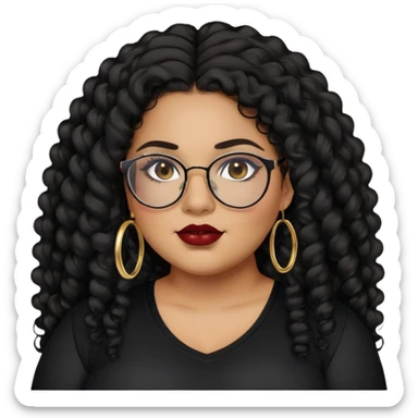 teen big plus size, latina, darker tan skin, gold hoops, long black curly hair, baddie,pretty, makeup, dark red lipgloss, black eyeliner, long hair, black shirt, black glasses sticker