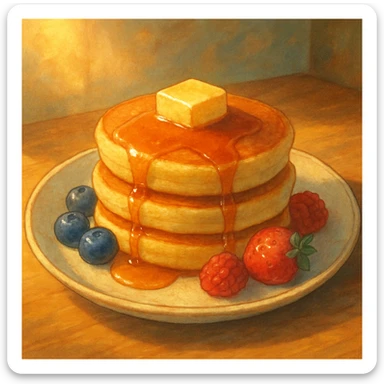 a Ghibli-inspired plate of pancakes with syrup and fruit, illustrated with dreamy, painterly textures sticker