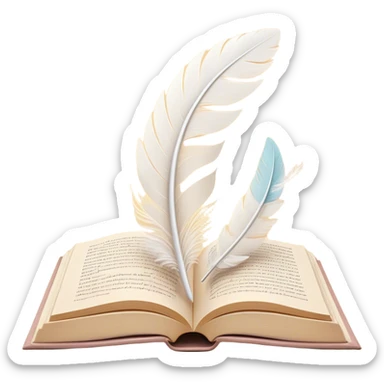 Create a delicate and poetic emoji representing poetry. The design should feature several elegantly flying pages with short poetic columns written on them. The pages should appear light and flowing, almost as if being carried by the wind. Include a white feather gently resting on the pages, symbolizing creativity and inspiration. Use soft, pastel tones like light creams to give it a dreamy, artistic feel. The design should feel ethereal and whimsical, capturing the essence of poetry. Make the background transparent. sticker